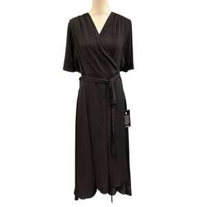 Avenue Vivian Wrap Dress Womens 22 Black Chiffon Wrap Flutter Sleeve Event Party